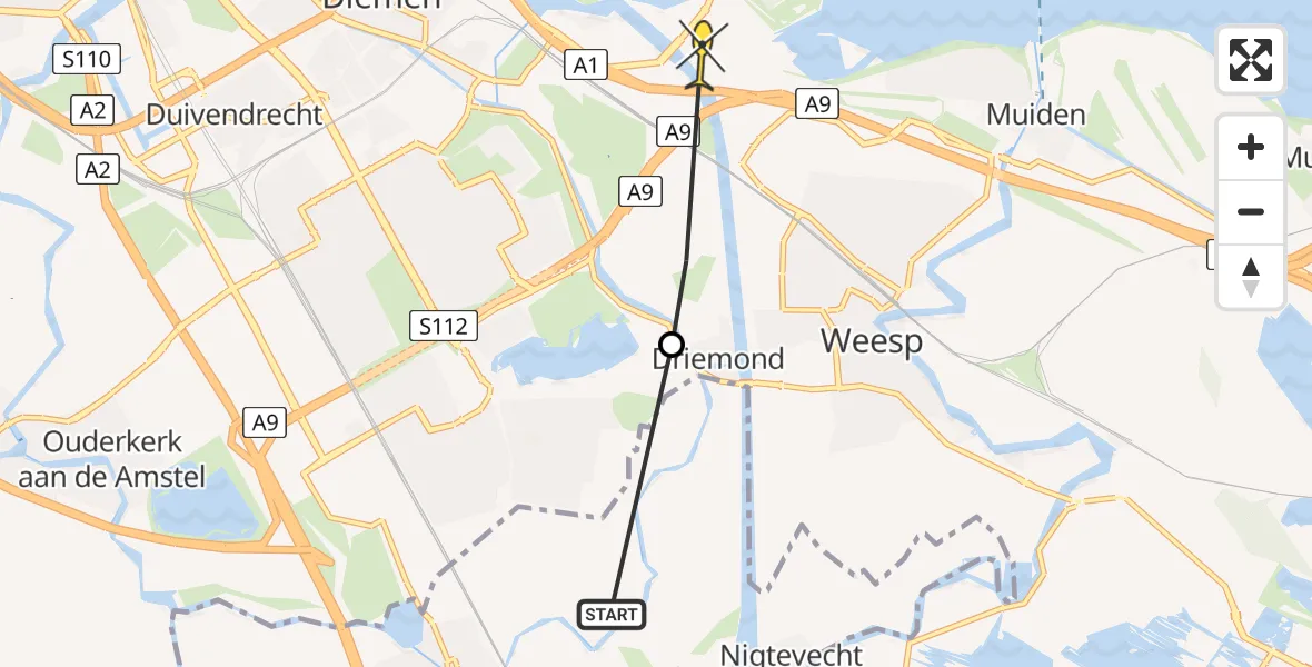 Routekaart van de vlucht: Politiehelikopter naar Diemen