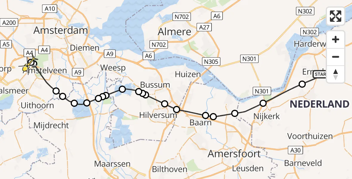 Routekaart van de vlucht: Politieheli naar Schiphol