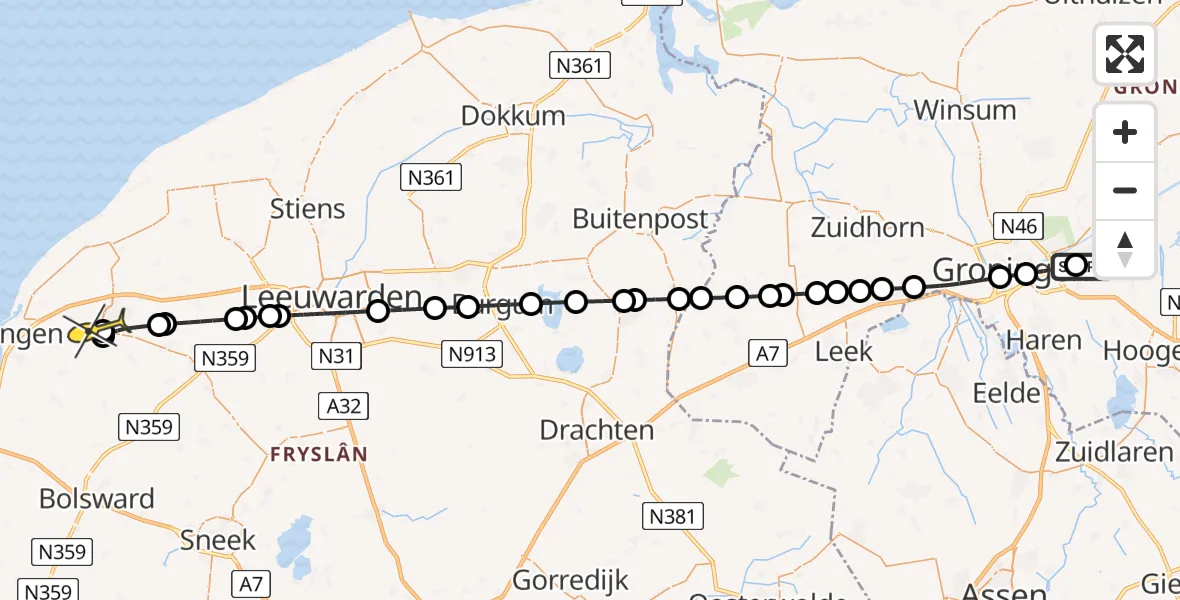 Routekaart van de vlucht: Lifeliner 4 naar Franeker