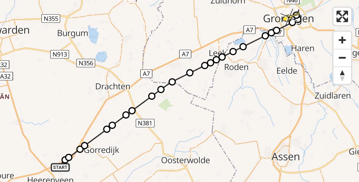 Routekaart van de vlucht: Lifeliner 4 naar Universitair Medisch Centrum Groningen