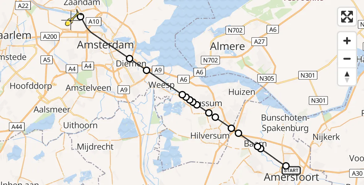 Routekaart van de vlucht: Lifeliner 1 naar Amsterdam Heliport