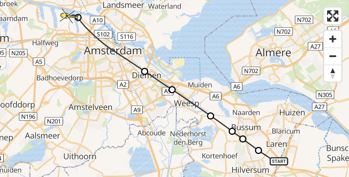 Routekaart van de vlucht: Lifeliner 1 naar Amsterdam Heliport