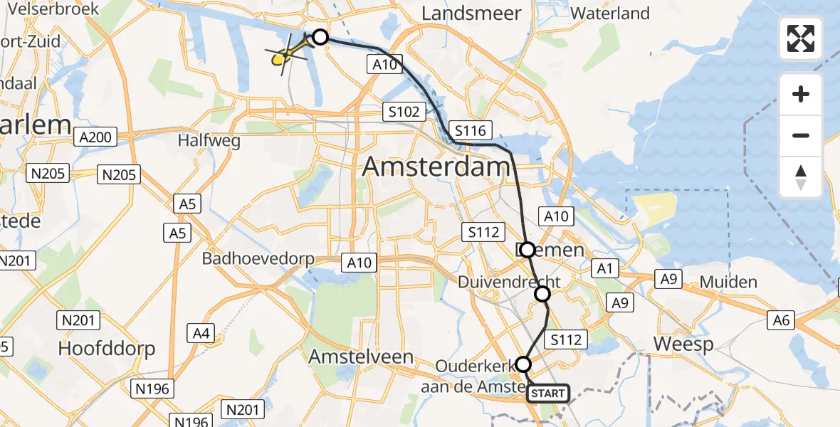 Routekaart van de vlucht: Lifeliner 1 naar Amsterdam Heliport