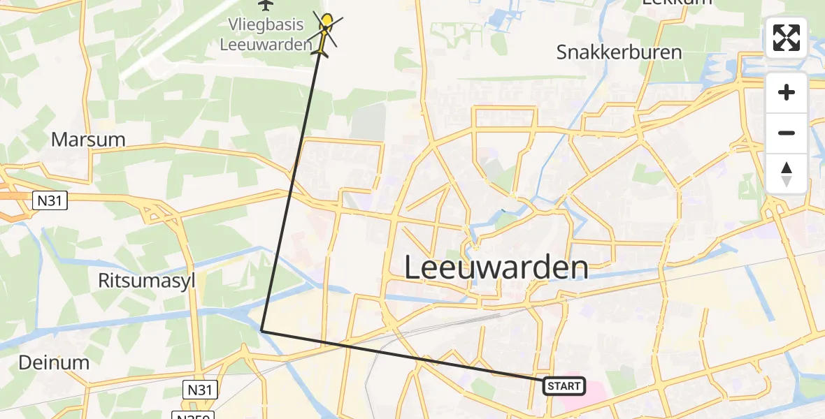 Vluchtroute Ambulancehelikopter van Leeuwarden naar Vliegbasis Leeuwarden