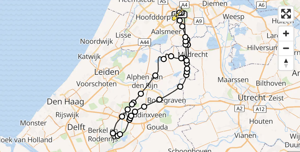 Routekaart van de vlucht: Politieheli naar Schiphol