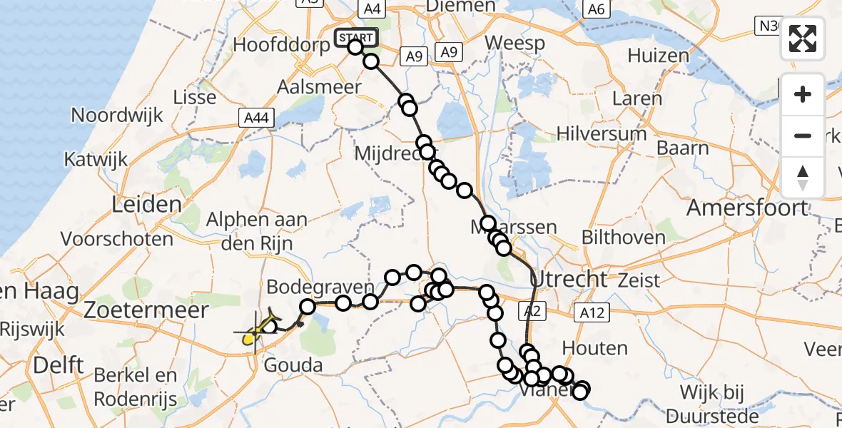 Routekaart van de vlucht: Politieheli naar Waddinxveen