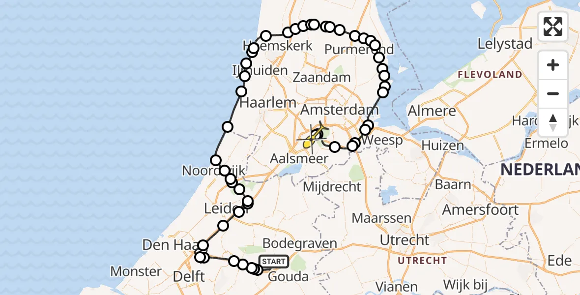 Routekaart van de vlucht: Politieheli naar Schiphol