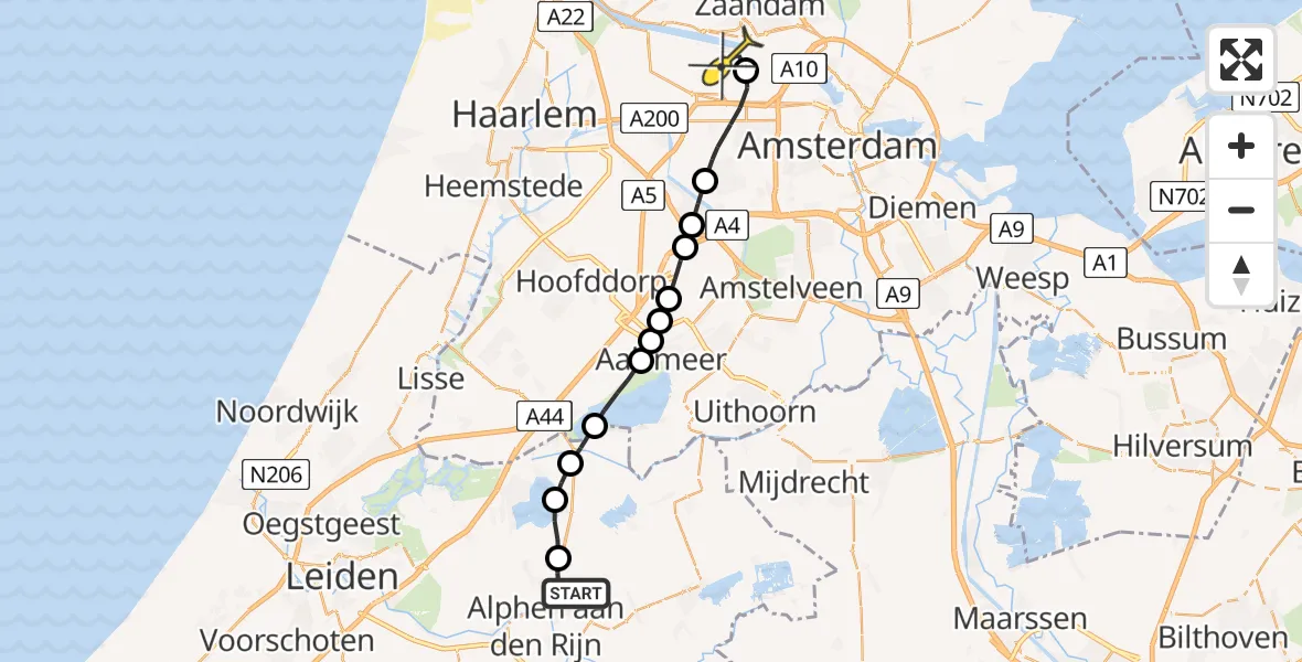 Routekaart van de vlucht: Lifeliner 1 naar Amsterdam Heliport