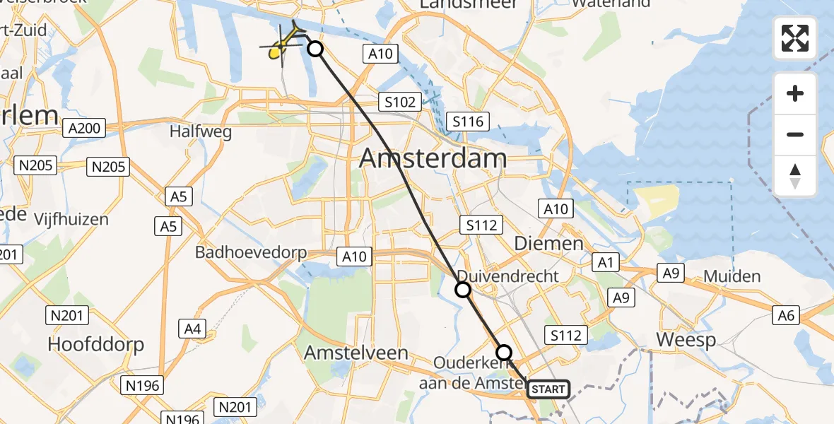 Routekaart van de vlucht: Lifeliner 1 naar Amsterdam Heliport