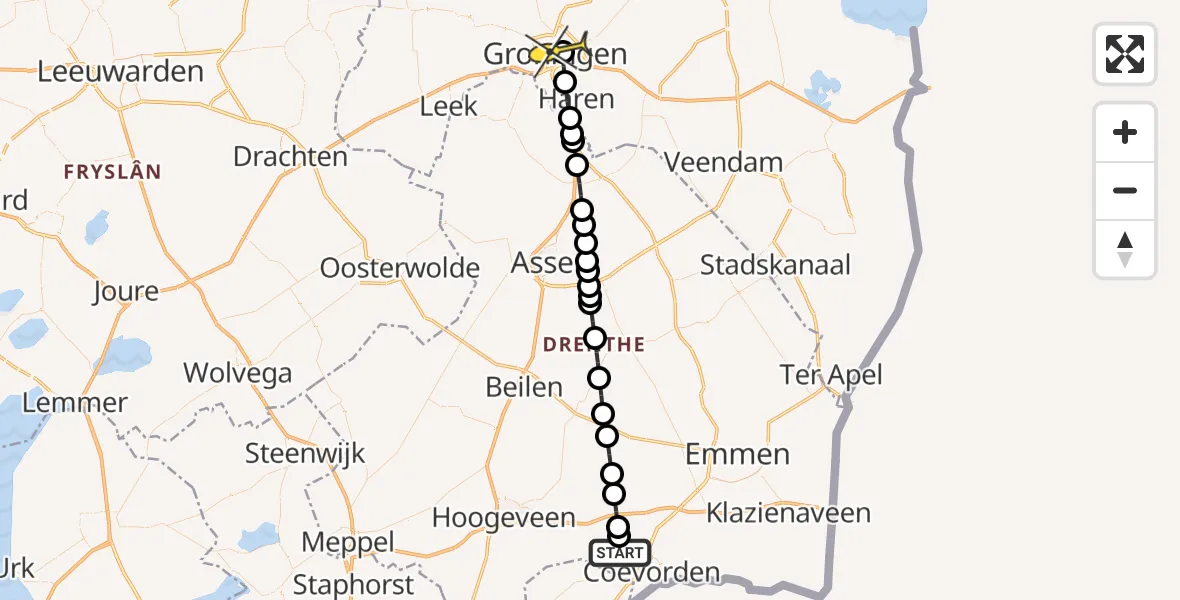 Routekaart van de vlucht: Lifeliner 4 naar Universitair Medisch Centrum Groningen