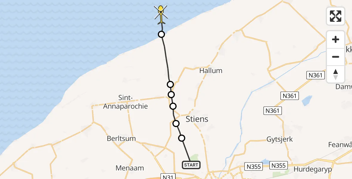 Routekaart van de vlucht: Ambulancehelikopter naar St.-Annaparochie