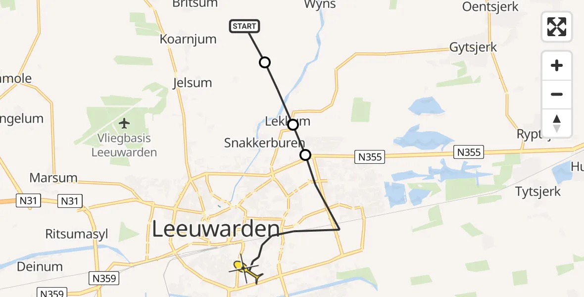 Routekaart van de vlucht: Ambulancehelikopter naar Leeuwarden
