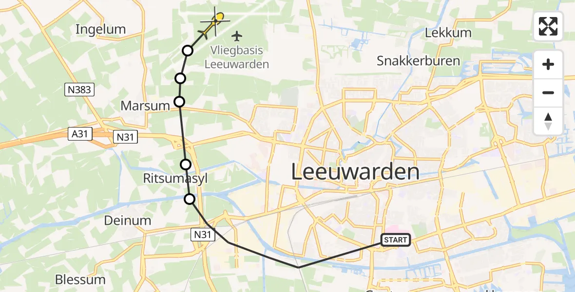 Vluchtroute Ambulancehelikopter van Leeuwarden naar Vliegbasis Leeuwarden