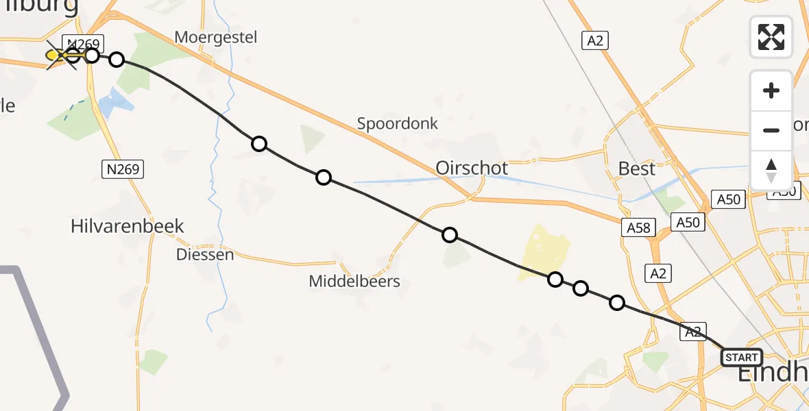 Routekaart van de vlucht: Lifeliner 3 naar Tilburg