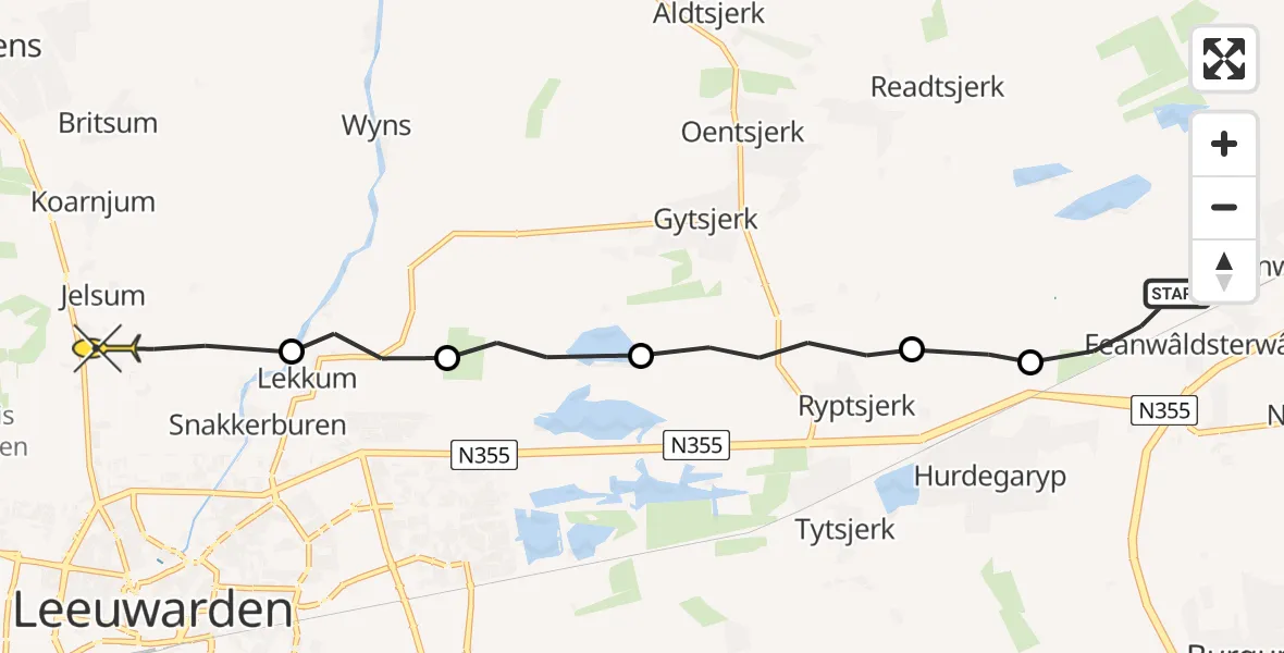 Routekaart van de vlucht: Ambulanceheli naar Vliegbasis Leeuwarden