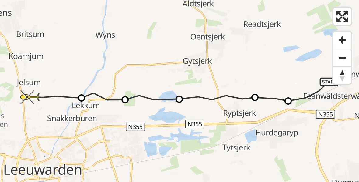 Routekaart van de vlucht: Ambulancehelikopter naar Vliegbasis Leeuwarden