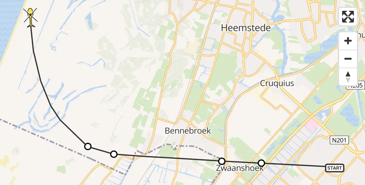 Routekaart van de vlucht: Politieheli naar Zandvoort