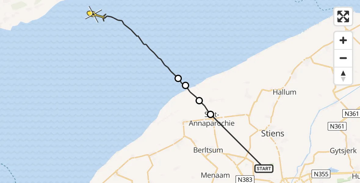 Routekaart van de vlucht: Ambulanceheli naar Oosterend