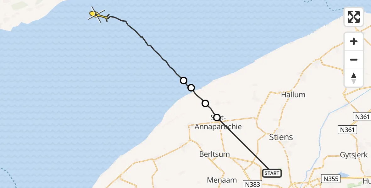 Routekaart van de vlucht: Ambulancehelikopter naar Oosterend