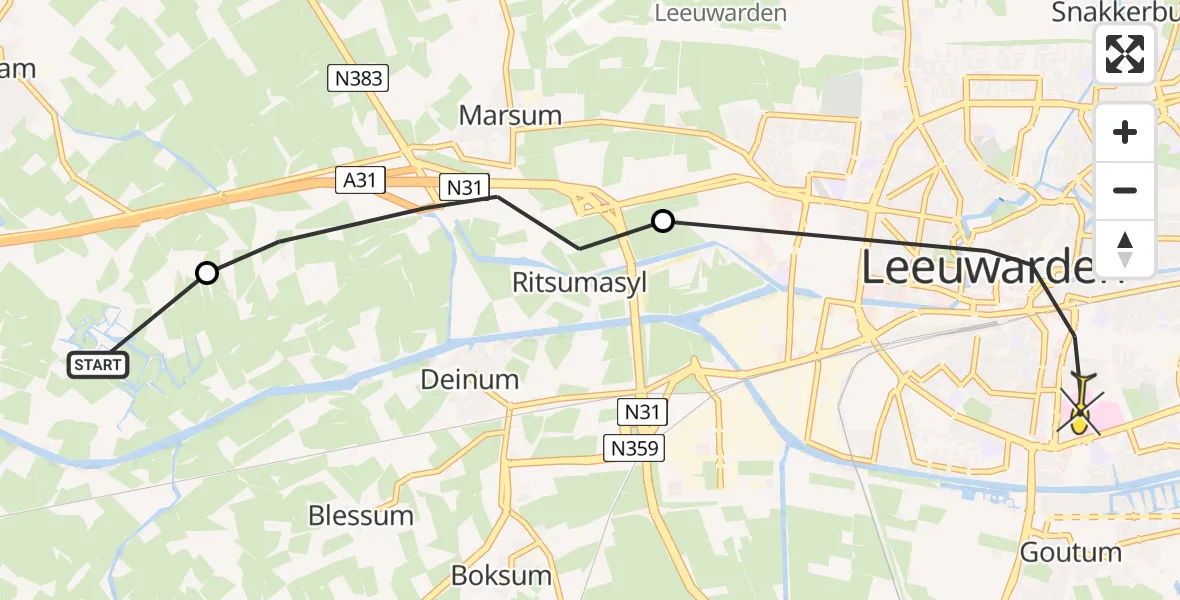 Routekaart van de vlucht: Ambulancehelikopter naar Leeuwarden