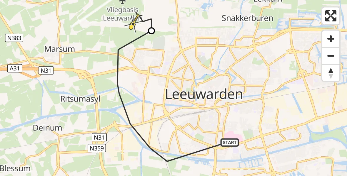 Vluchtroute Ambulancehelikopter van Leeuwarden naar Vliegbasis Leeuwarden
