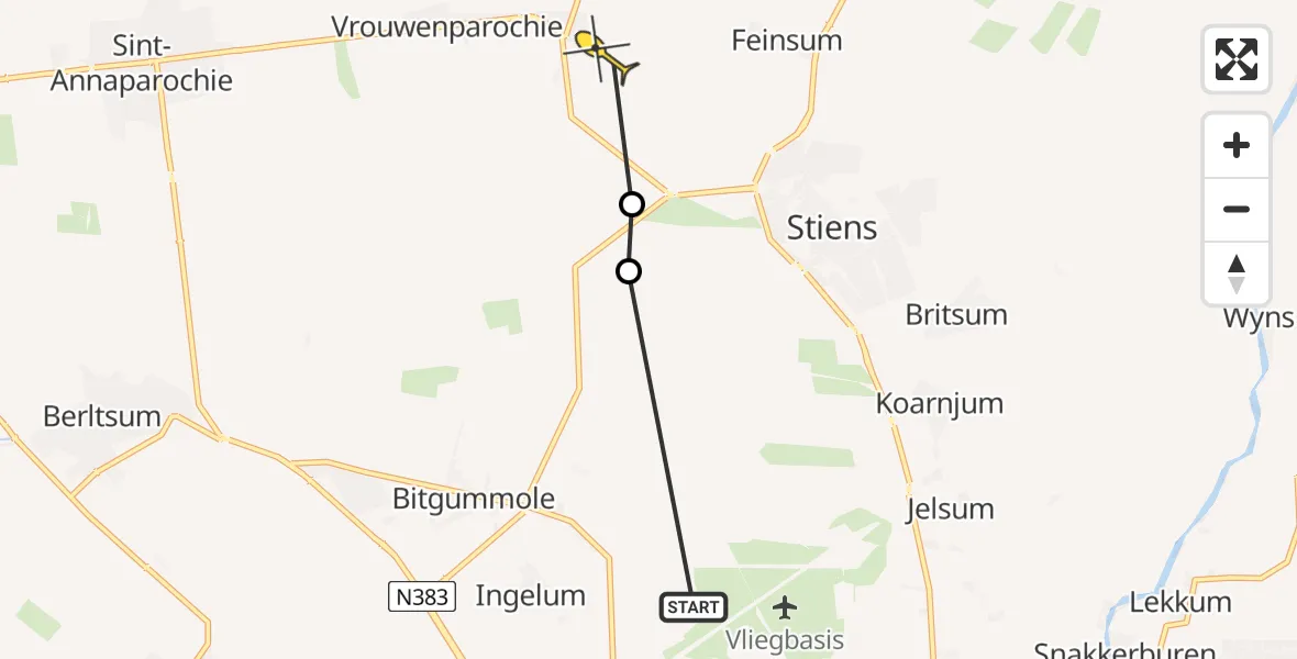 Routekaart van de vlucht: Ambulancehelikopter naar Stiens