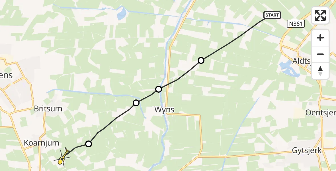 Routekaart van de vlucht: Ambulancehelikopter naar Koarnjum