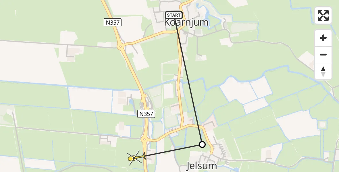 Routekaart van de vlucht: Ambulancehelikopter naar Vliegbasis Leeuwarden