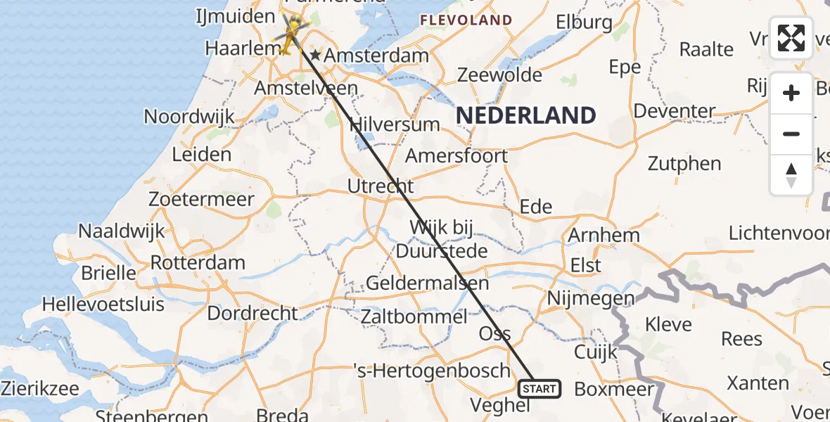Vluchtroute Traumahelikopter van Vliegbasis Volkel naar Amsterdam Heliport