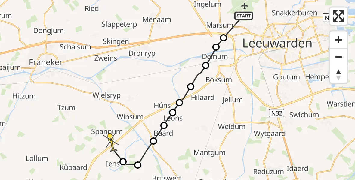 Routekaart van de vlucht: Ambulancehelikopter naar Spannum
