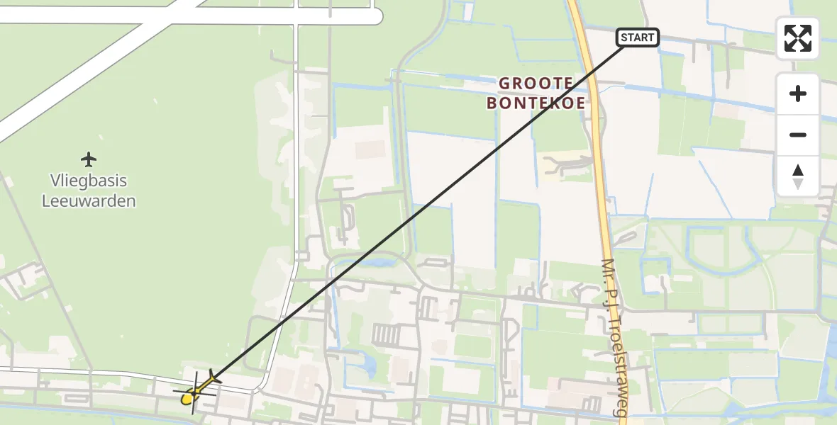Vluchtroute Ambulancehelikopter van Vliegbasis Leeuwarden naar Vliegbasis Leeuwarden