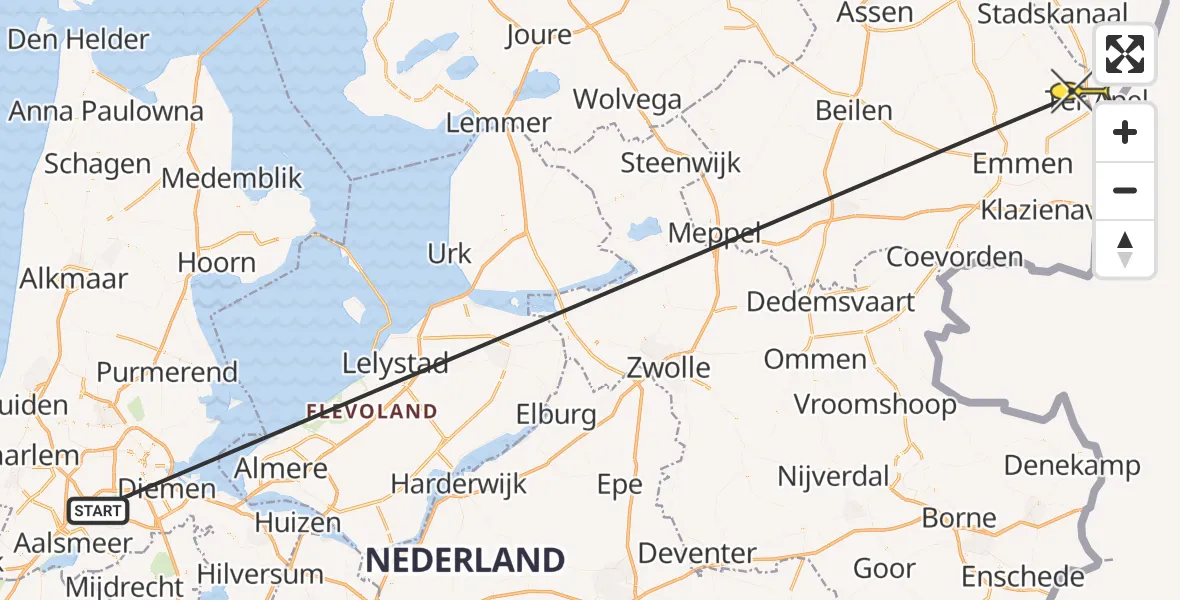 Routekaart van de vlucht: Politiehelikopter naar Ter Apel