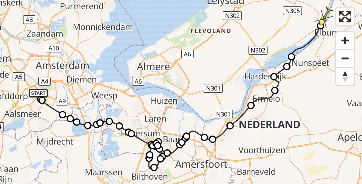 Routekaart van de vlucht: Politieheli naar Dronten