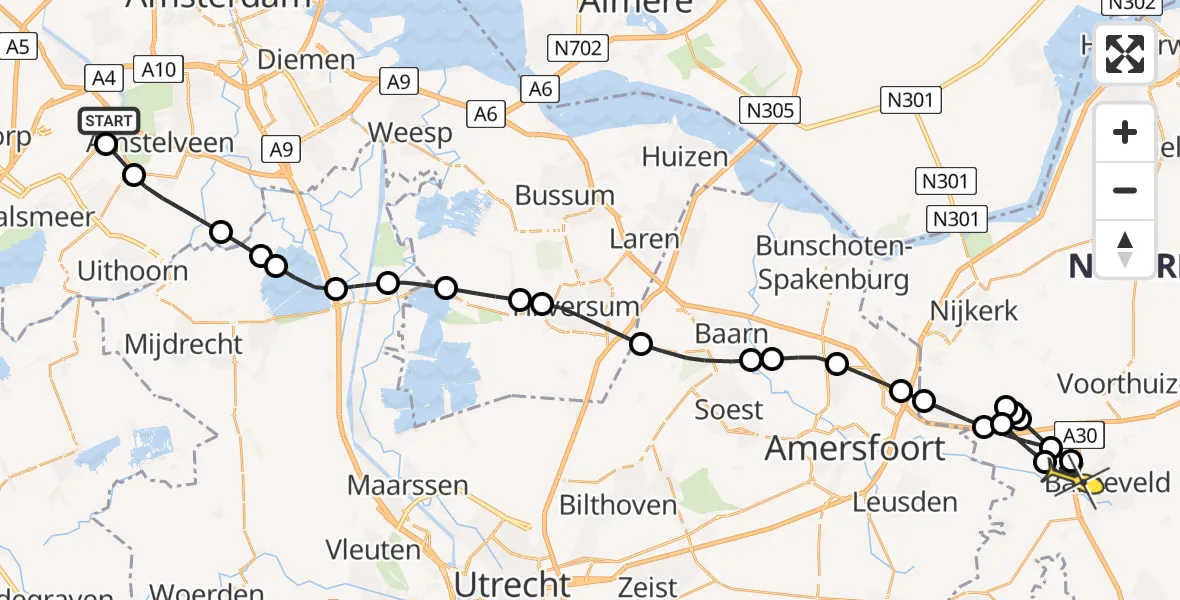 Routekaart van de vlucht: Politieheli naar Barneveld