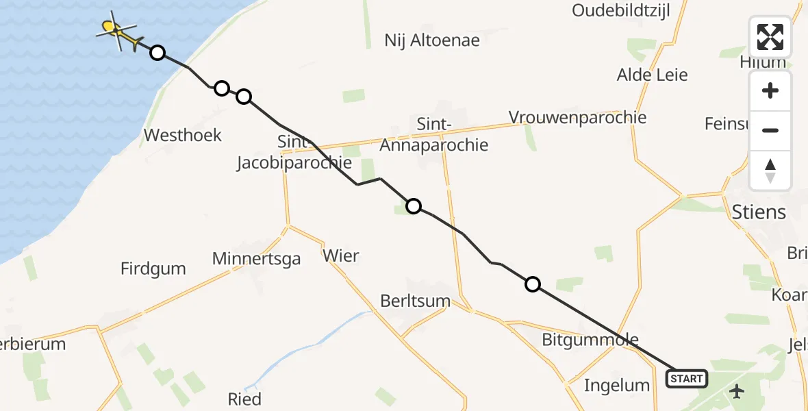 Routekaart van de vlucht: Ambulanceheli naar Oosterend