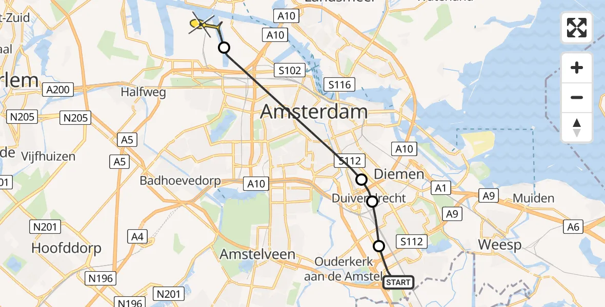 Routekaart van de vlucht: Lifeliner 1 naar Amsterdam Heliport