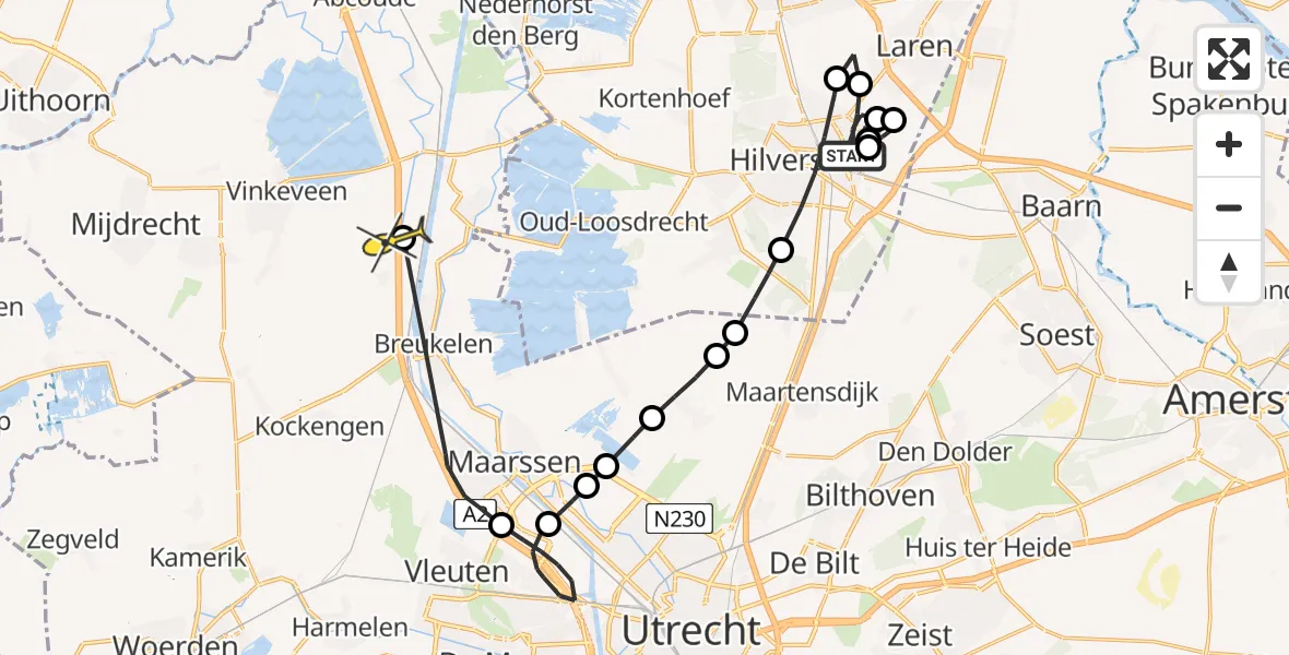 Routekaart van de vlucht: Politieheli naar Nieuwer Ter Aa