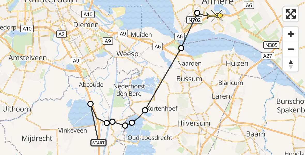 Routekaart van de vlucht: Politiehelikopter naar Almere