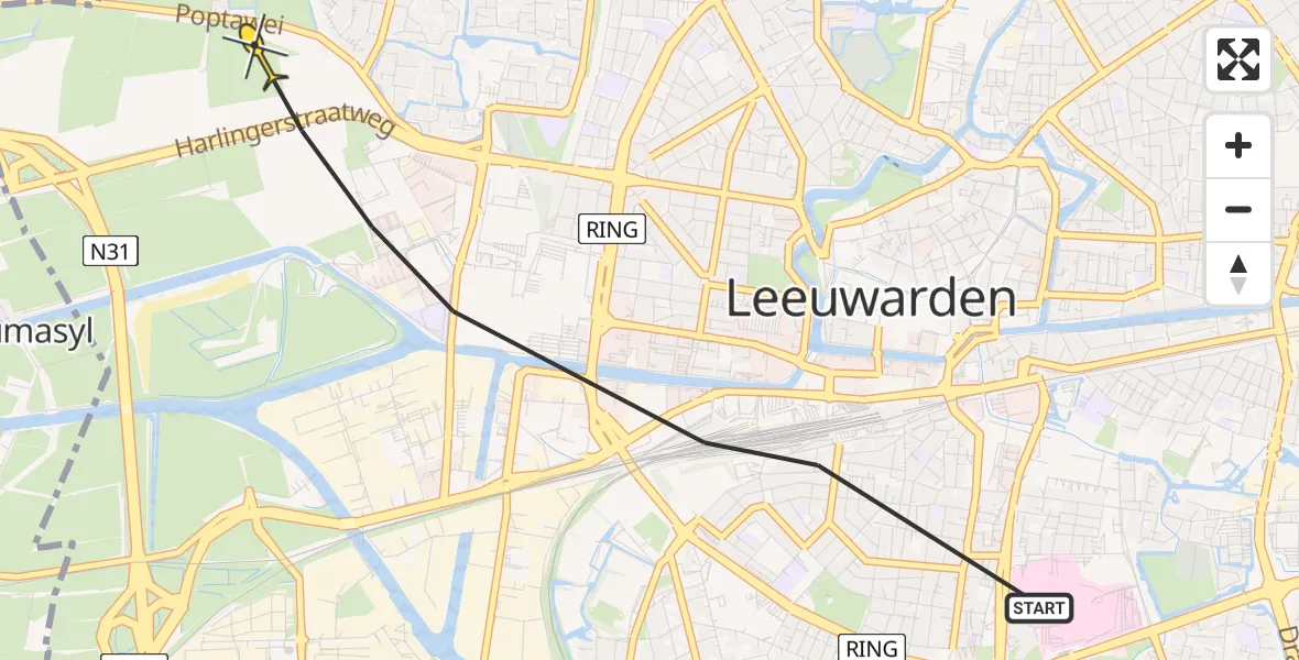 Vluchtroute Ambulancehelikopter van Leeuwarden naar Leeuwarden