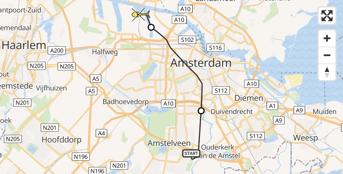 Routekaart van de vlucht: Lifeliner 1 naar Amsterdam Heliport