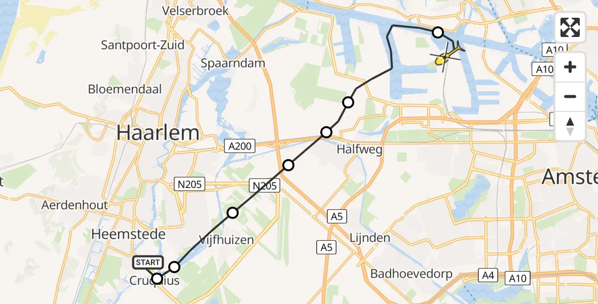 Routekaart van de vlucht: Lifeliner 1 naar Amsterdam Heliport