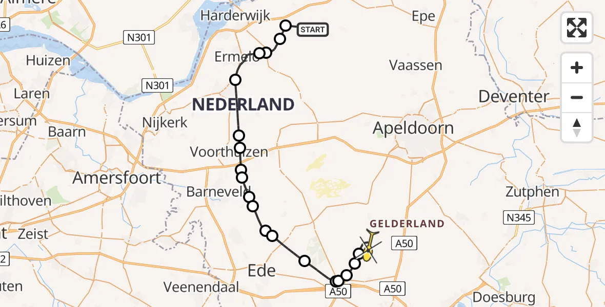 Routekaart van de vlucht: Politieheli naar Vliegbasis Deelen