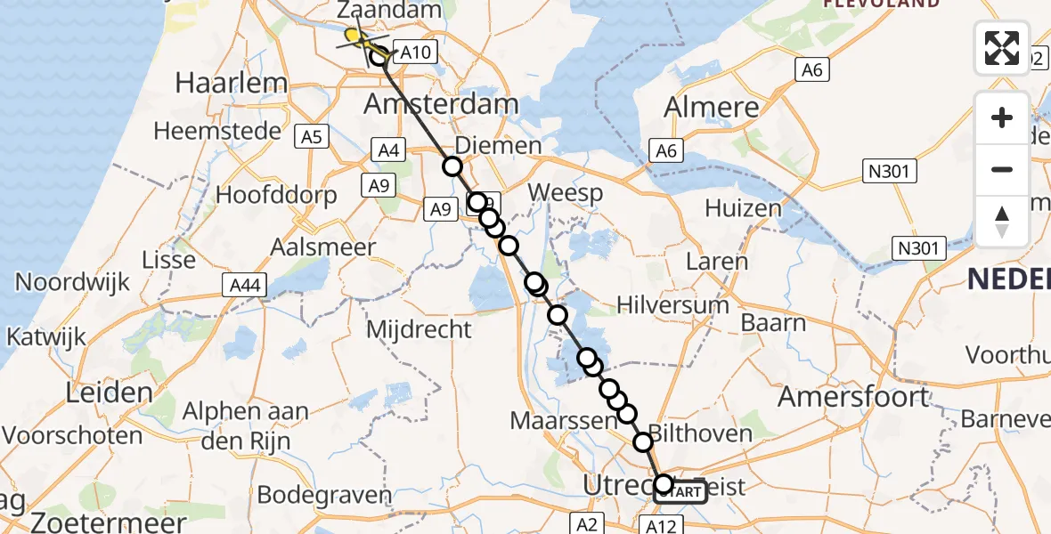 Routekaart van de vlucht: Lifeliner 1 naar Amsterdam Heliport