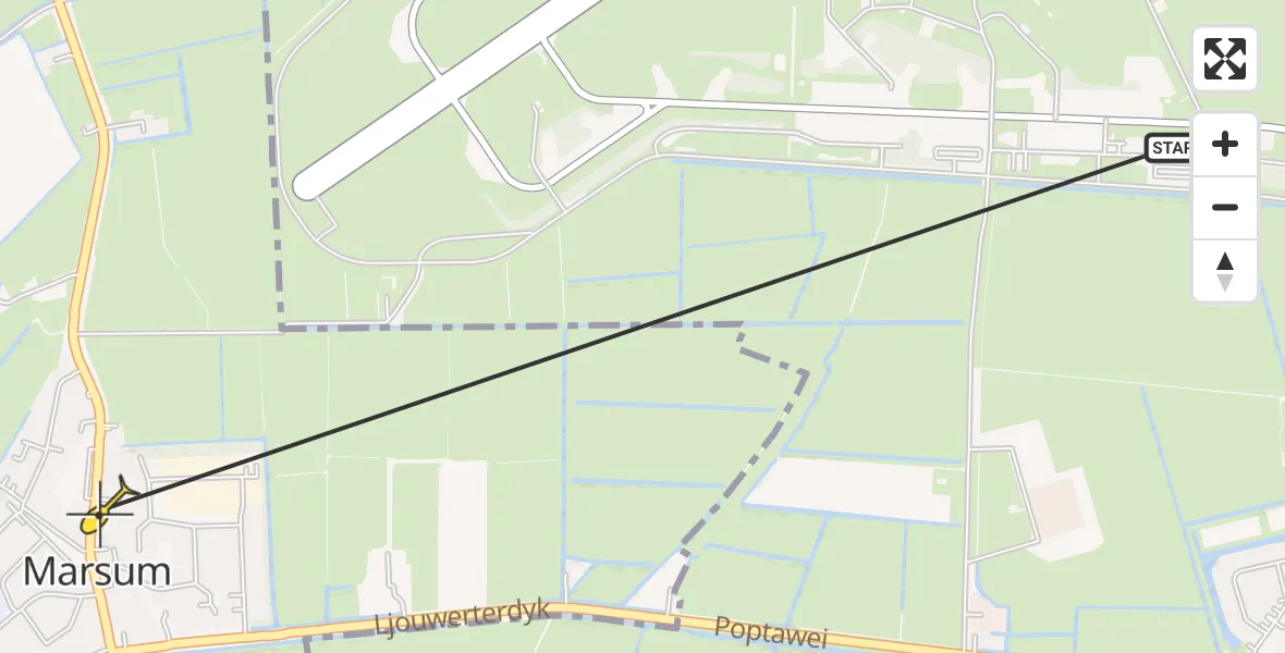 Vluchtroute Ambulancehelikopter van Vliegbasis Leeuwarden naar Marsum