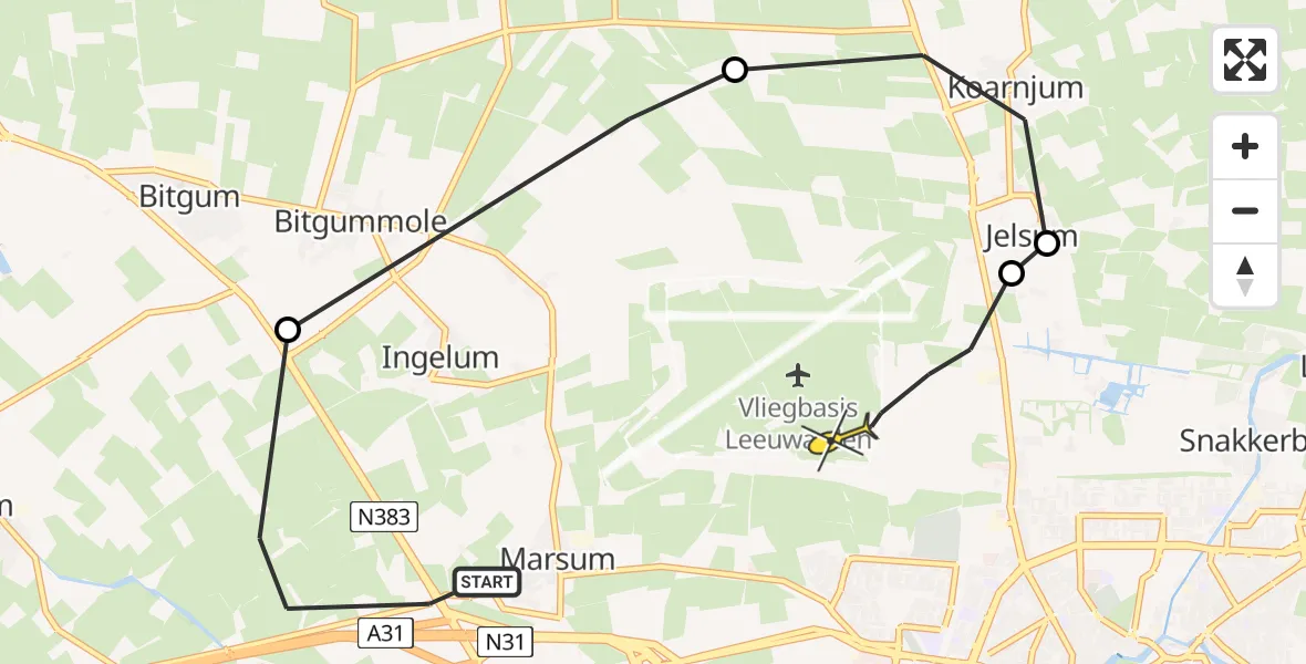 Vluchtroute Ambulancehelikopter van Marsum naar Vliegbasis Leeuwarden