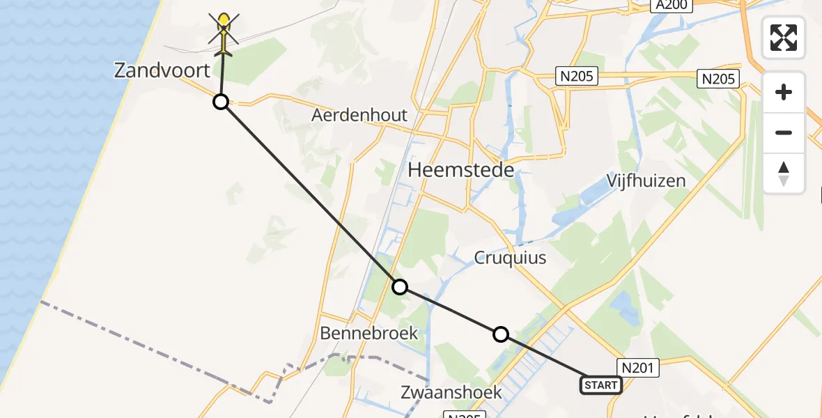 Routekaart van de vlucht: Politiehelikopter naar Zandvoort