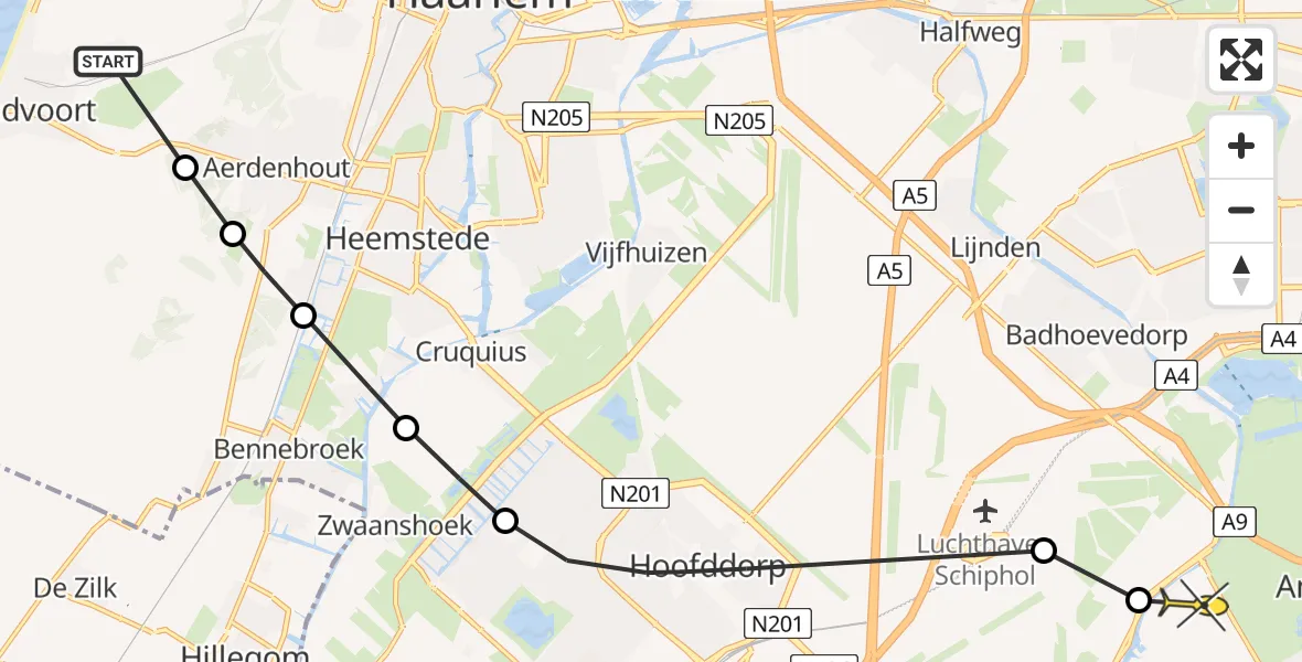 Routekaart van de vlucht: Politieheli naar Aalsmeer