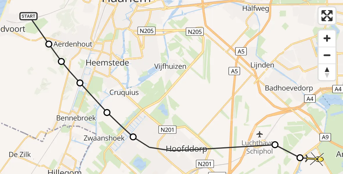 Routekaart van de vlucht: Politiehelikopter naar Aalsmeer