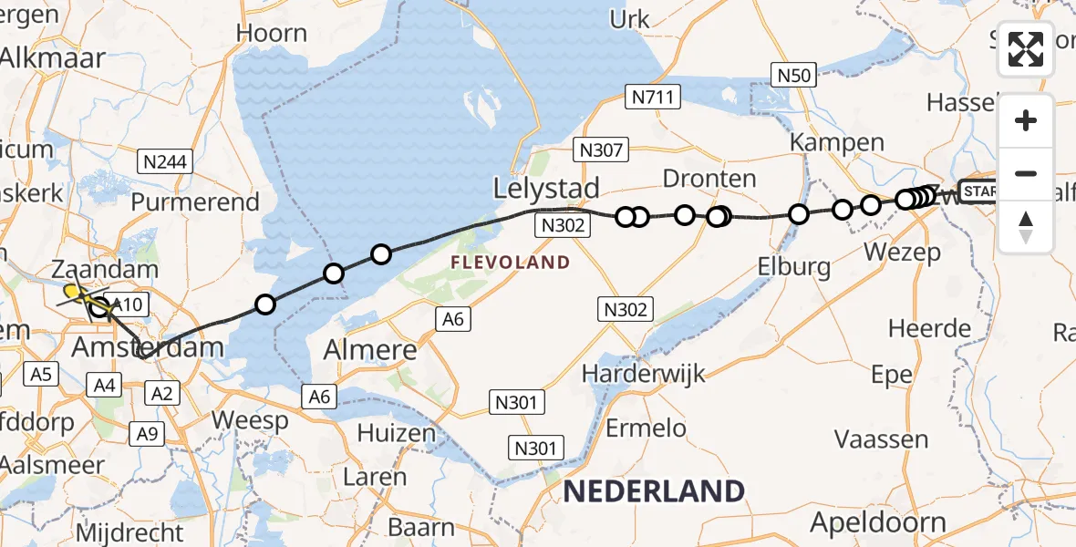 Routekaart van de vlucht: Lifeliner 1 naar Amsterdam Heliport