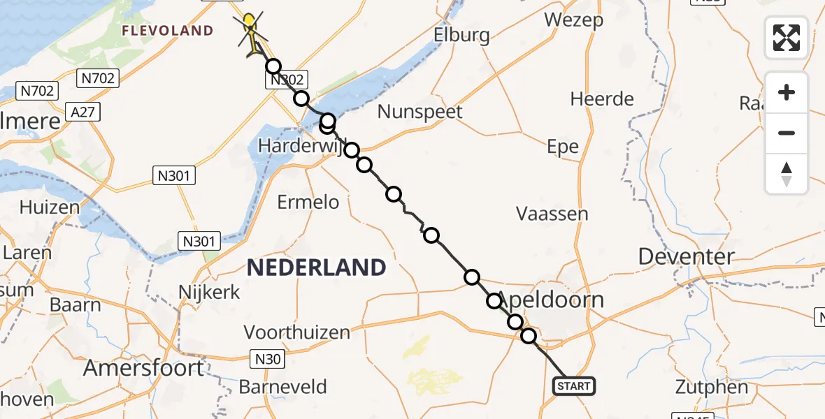 Routekaart van de vlucht: Ambulanceheli naar Lelystad